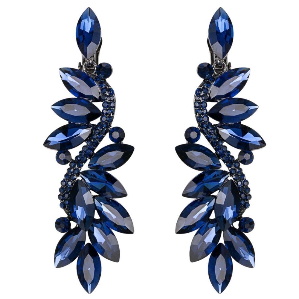 Gun Metal Black with Blue Sapphire Austrian Crystal Clip On Chandelier Earrings